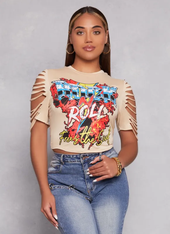 Slashed Sleeve Rock N Roll Graphic Tee sold by Rainbow