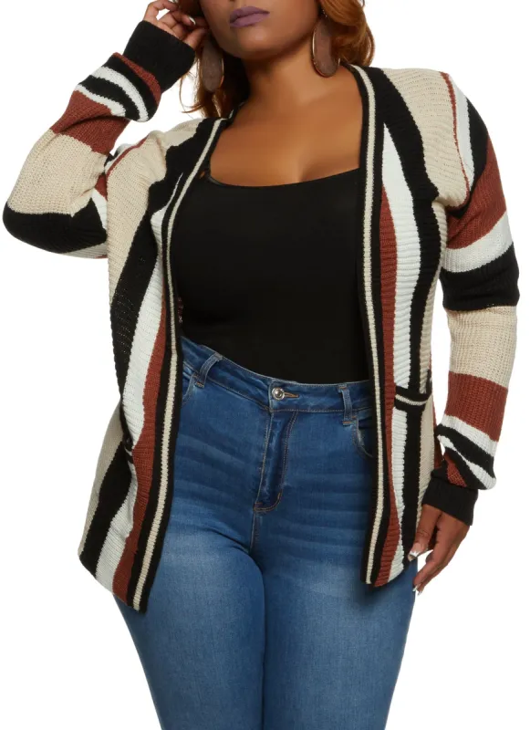 Plus Size Striped Pocket Cardigan sold by Rainbow