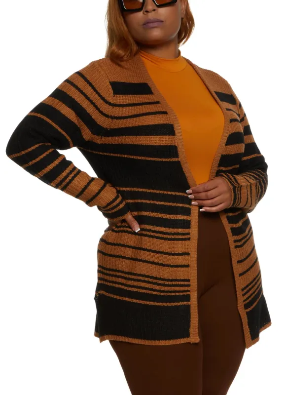 Plus Size Striped Open Front Cardigan sold by Rainbow