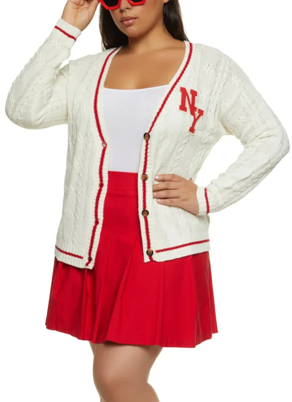 Plus Size NY Patch Cable Knit Varsity Cardigan sold by Rainbow