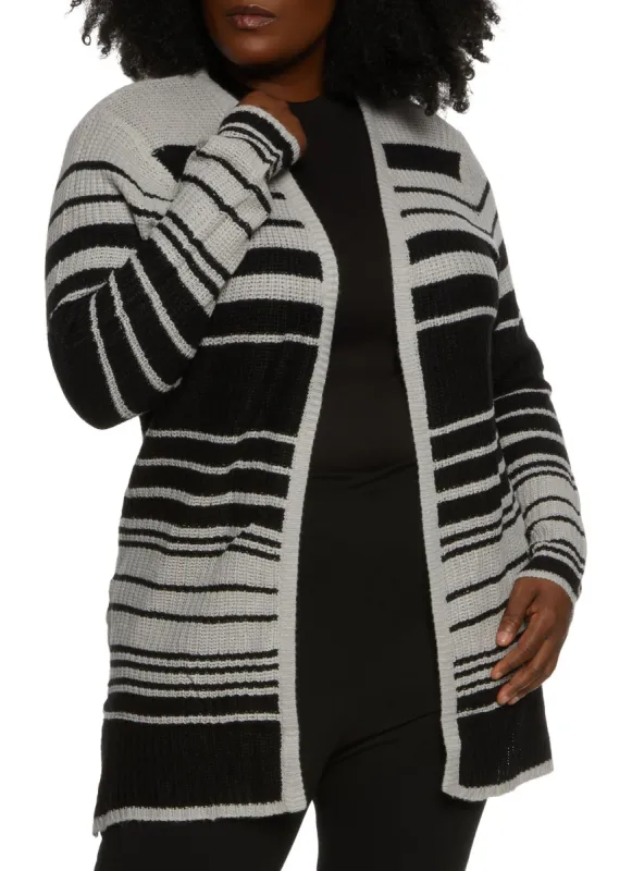 Plus Size Striped Open Front Cardigan sold by Rainbow