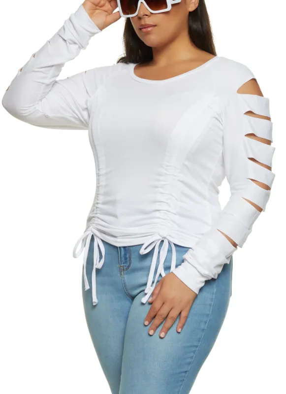 Plus Size Laser Cut Sleeve Ruched Top sold by Rainbow