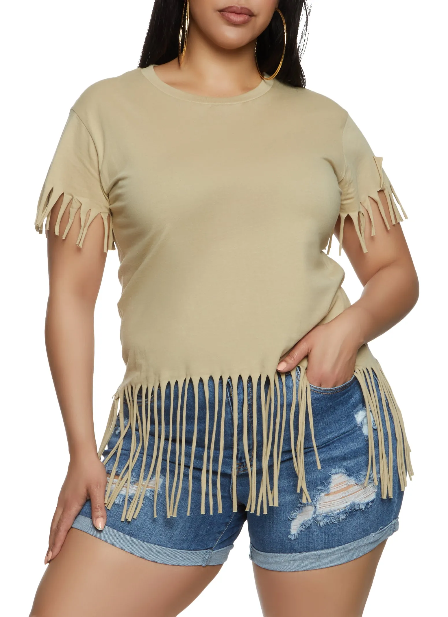 Plus Size Fringe Crew Neck T Shirt sold by Rainbow