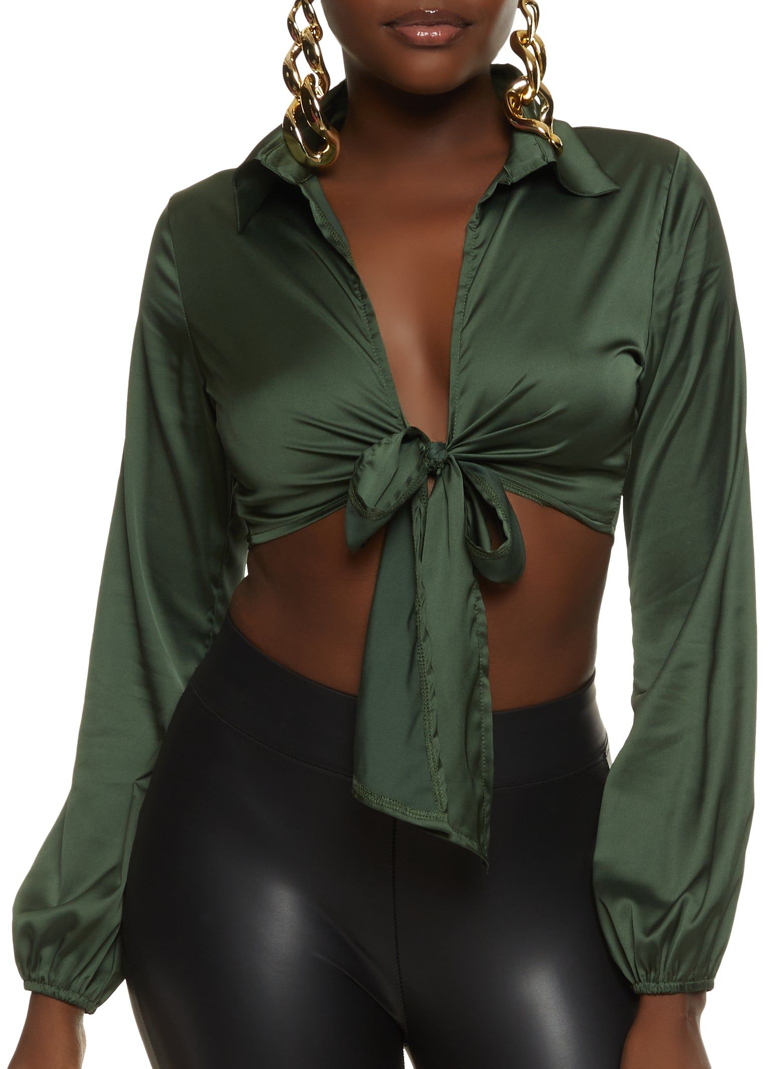 Satin Tie Front Cropped Blouse sold by Rainbow