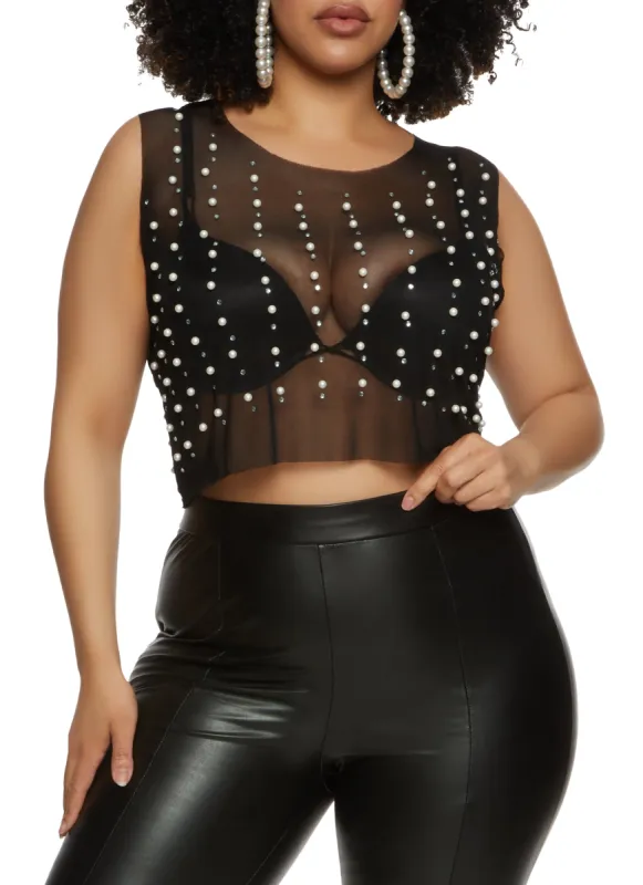 Plus Size Faux Pearl Mesh Crop Top sold by Rainbow
