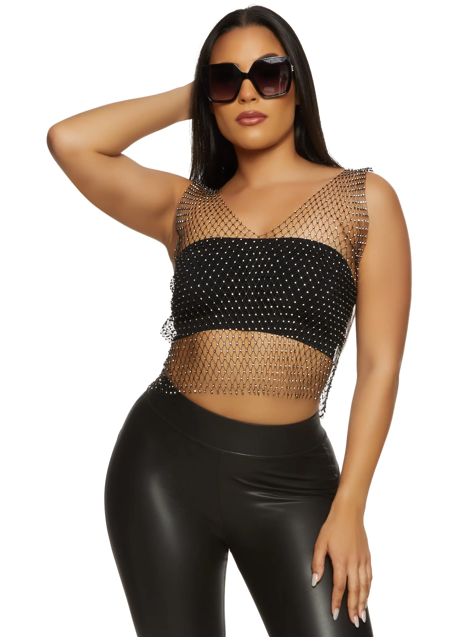 Rhinestone Fishnet Cropped Tank Top sold by Rainbow