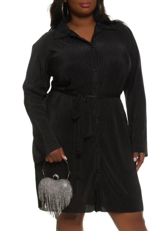 Plus Size Plisse Belted Shirt Dress sold by Rainbow