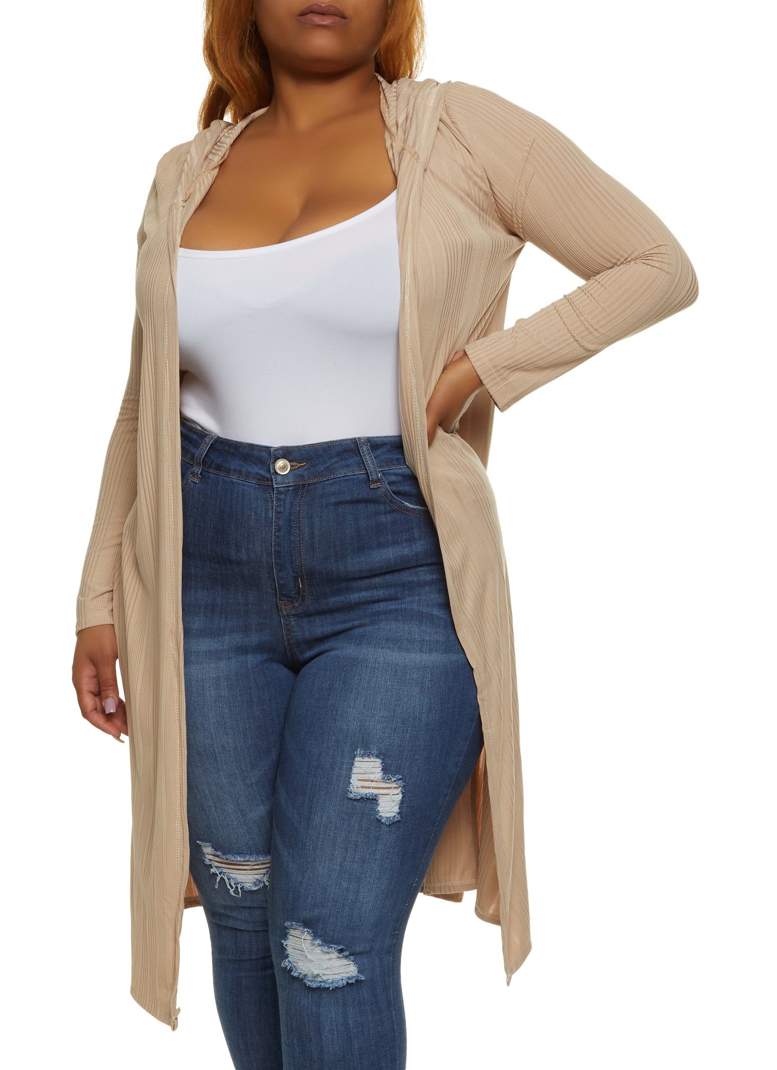 Plus Size Ribbed Knit Hooded Duster sold by Rainbow