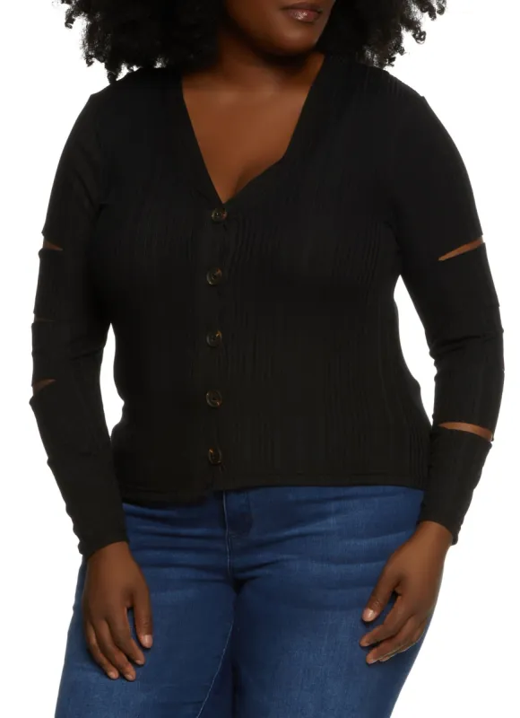 Plus Size Ribbed Laser Cut Button Front Top sold by Rainbow
