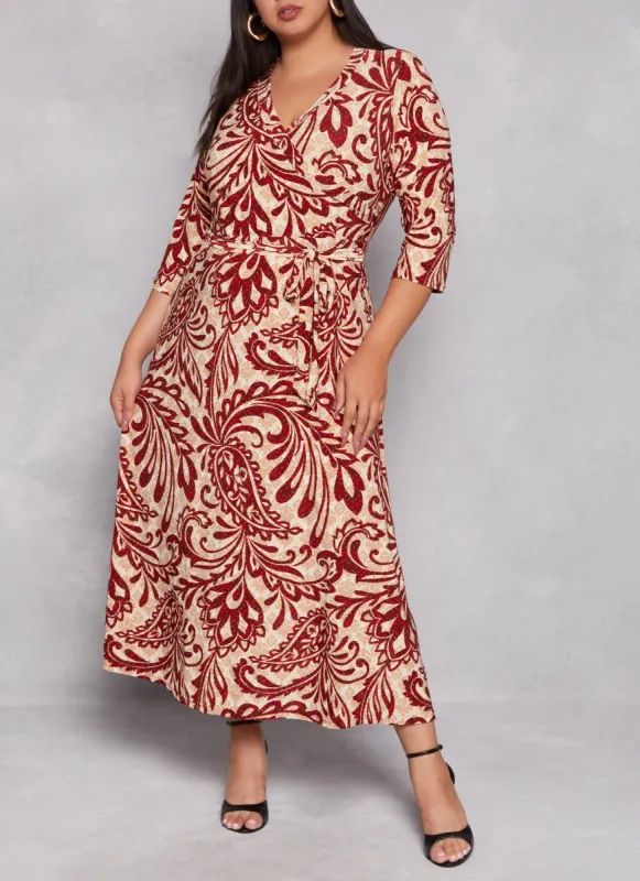 Plus Size Paisley Print Belted Faux Wrap Dress sold by Rainbow