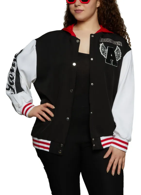 Plus Size Brooklyn A Graphic Patch Hooded Varsity Jacket sold by Rainbow