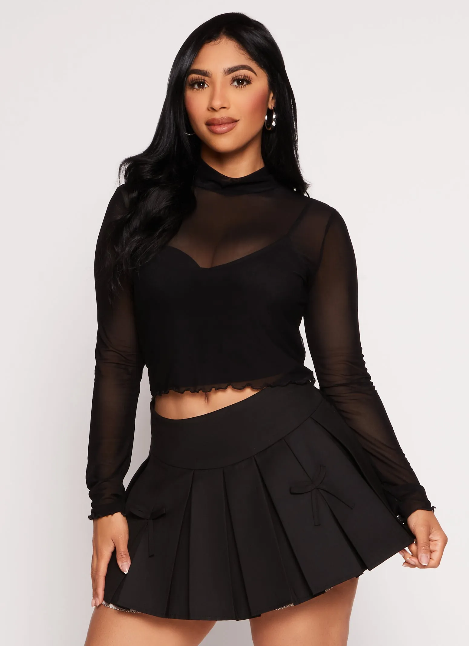 Mesh Mock Neck Lettuce Edge Crop Top sold by Rainbow