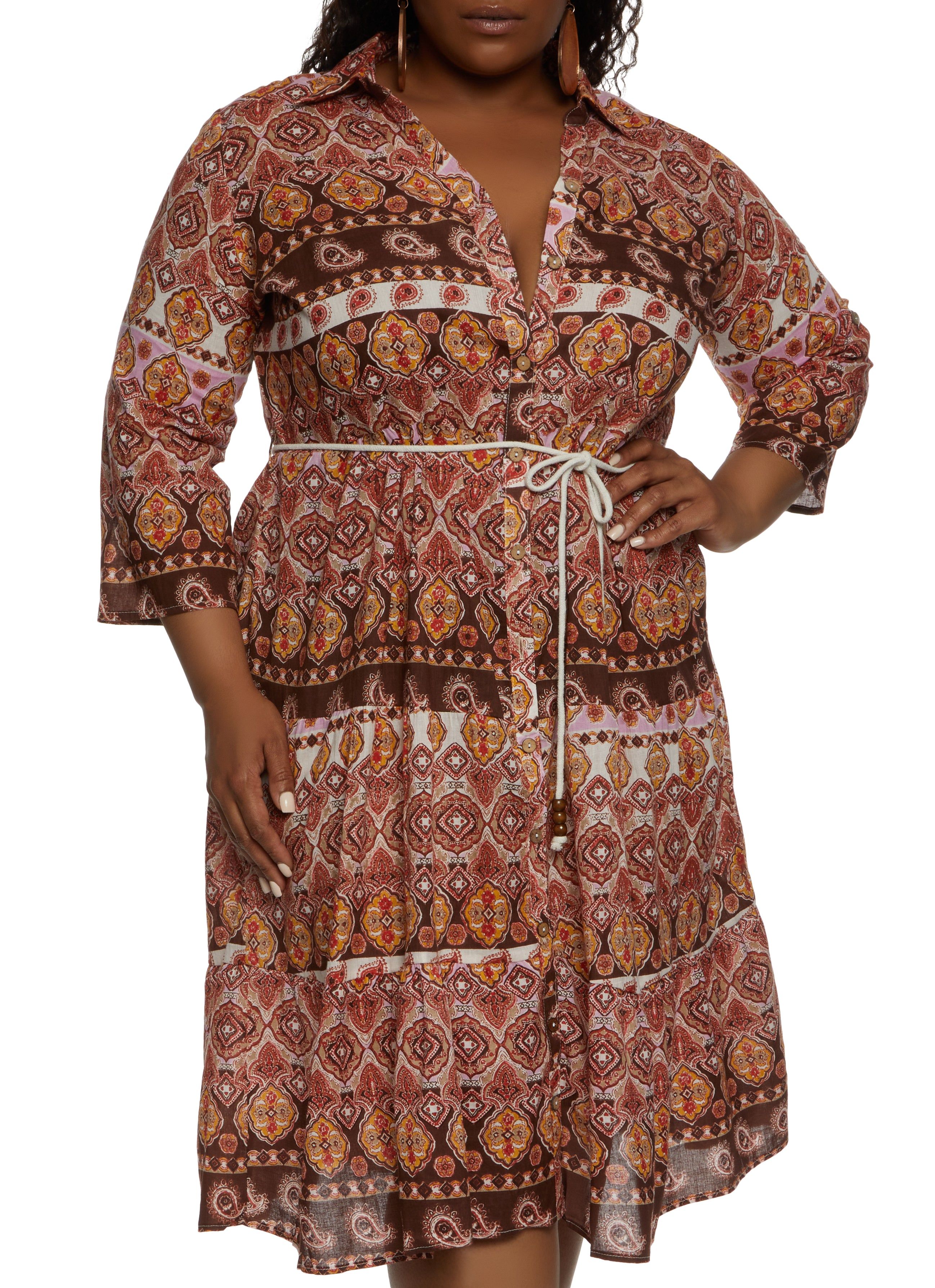 Plus Size Paisley Print Rope Belt Tiered Shirt Dress sold by Rainbow