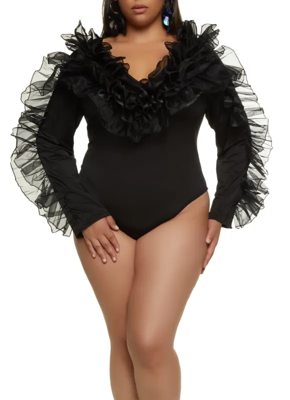 Plus Size Layered Organza Ruffle Trim Bodysuit sold by Rainbow