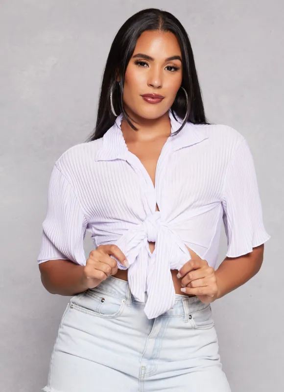 Plisse Short Sleeve Tie Front Blouse sold by Rainbow