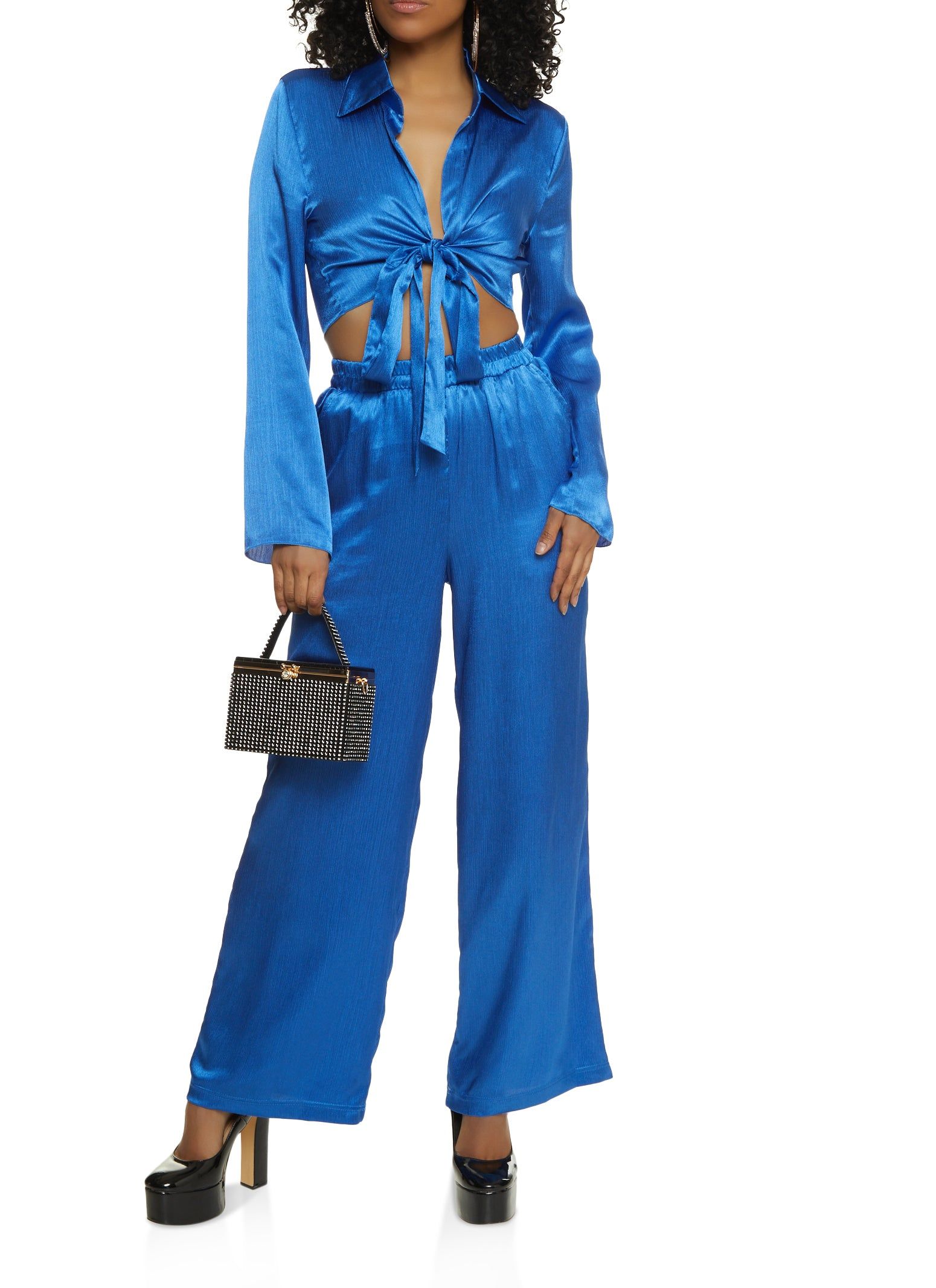 Satin Tie Front Bell Sleeve Cropped Blouse sold by Rainbow product image thumbnail 2