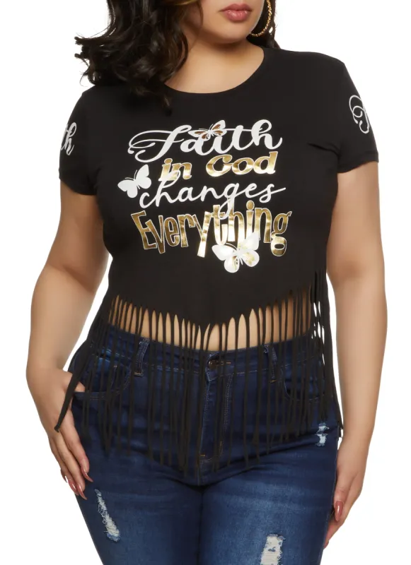 Plus Size Faith In God Changed Everything Fringe Hem Graphic Tee sold by Rainbow