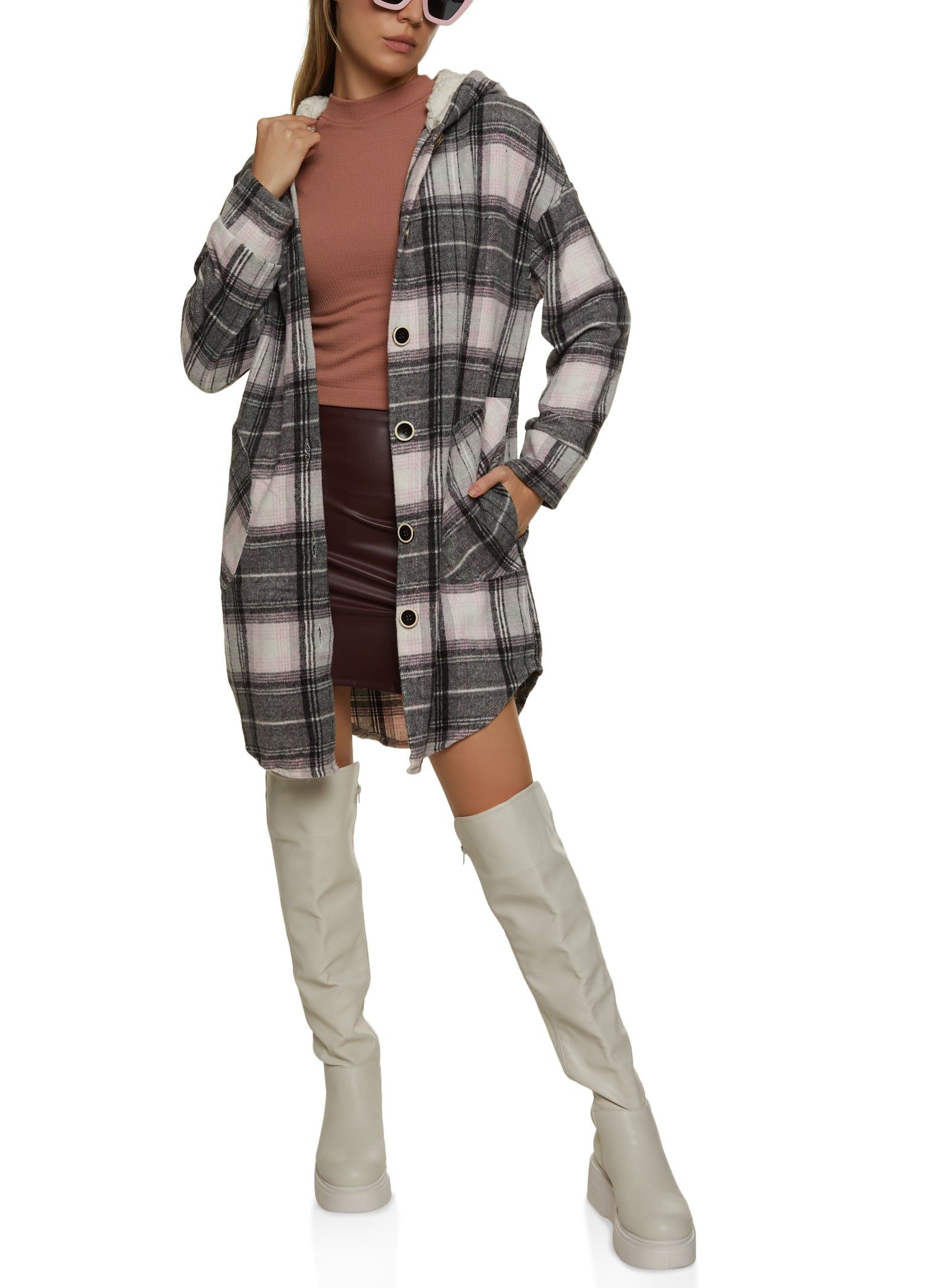 Plaid Sherpa Lined Hooded Shacket sold by Rainbow product image thumbnail 2