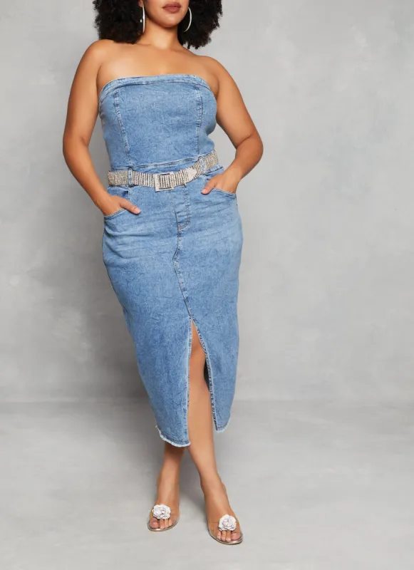 Plus Size Denim Front Slit Tube Dress sold by Rainbow