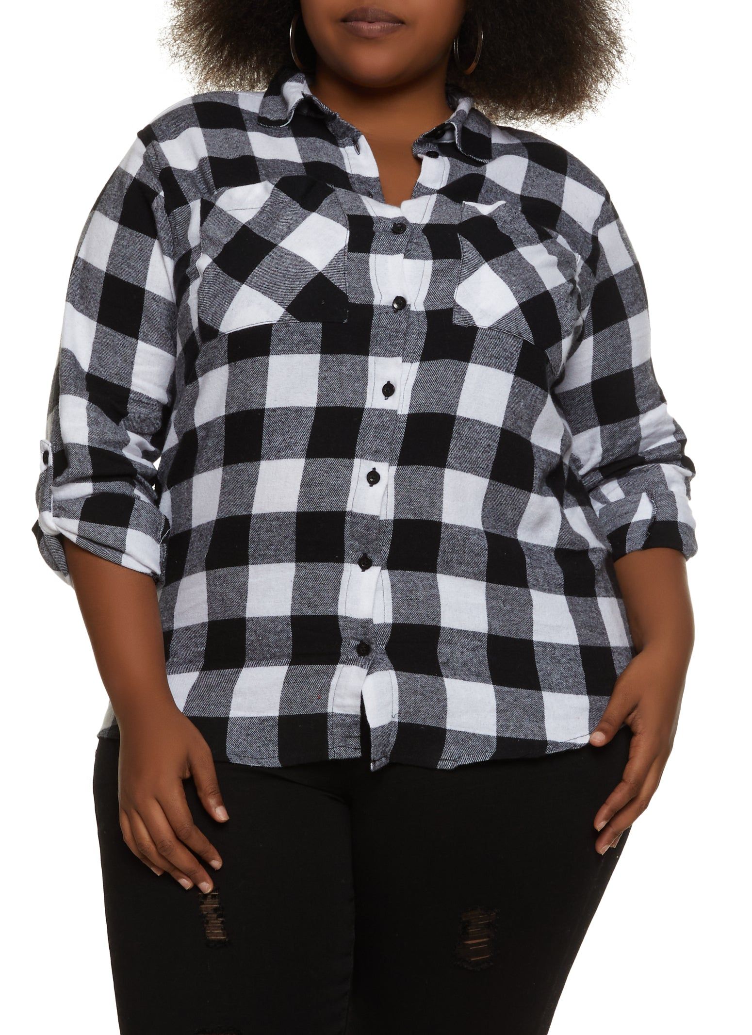 Plus Size Plaid Tabbed Sleeve Flannel Shirt sold by Rainbow