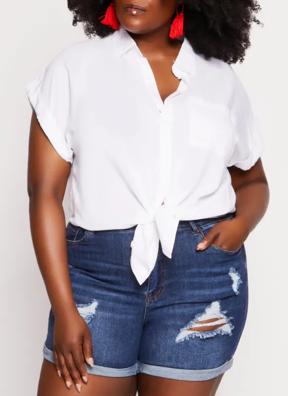 Plus Size Short Sleeve Button Front High Low Shirt sold by Rainbow