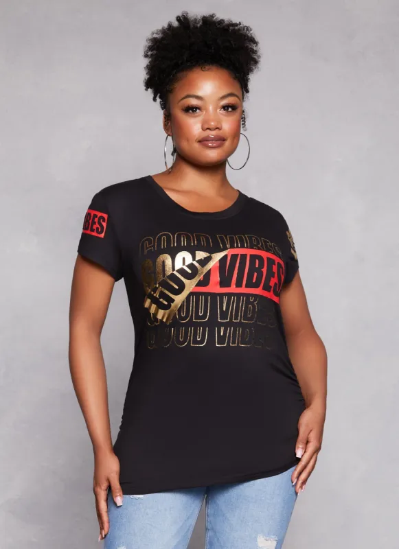 Plus Size Good Vibes Foil Screen Graphic Tee sold by Rainbow