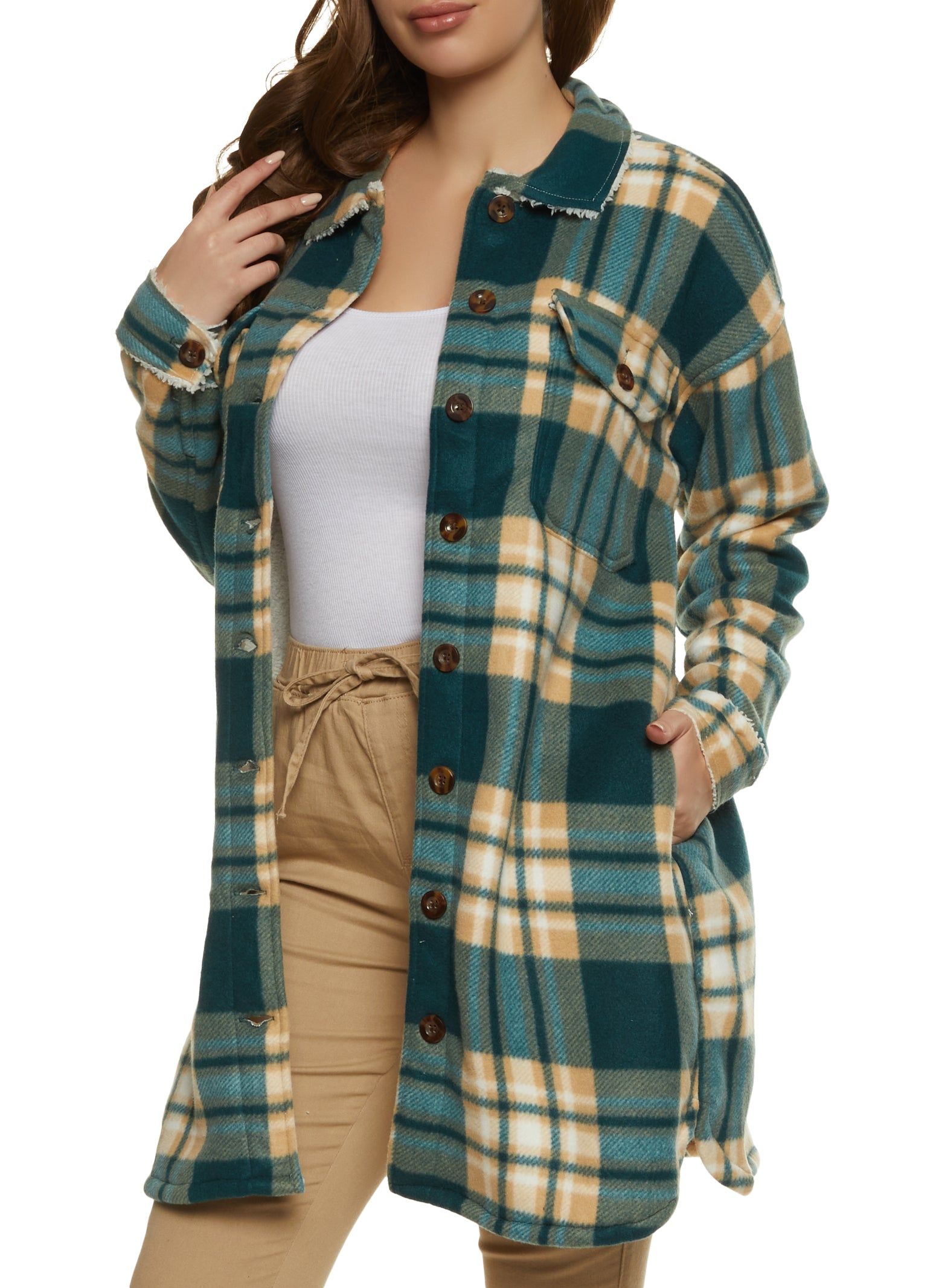 Plaid Brushed Knit Sherpa Lined Longline Shacket sold by Rainbow