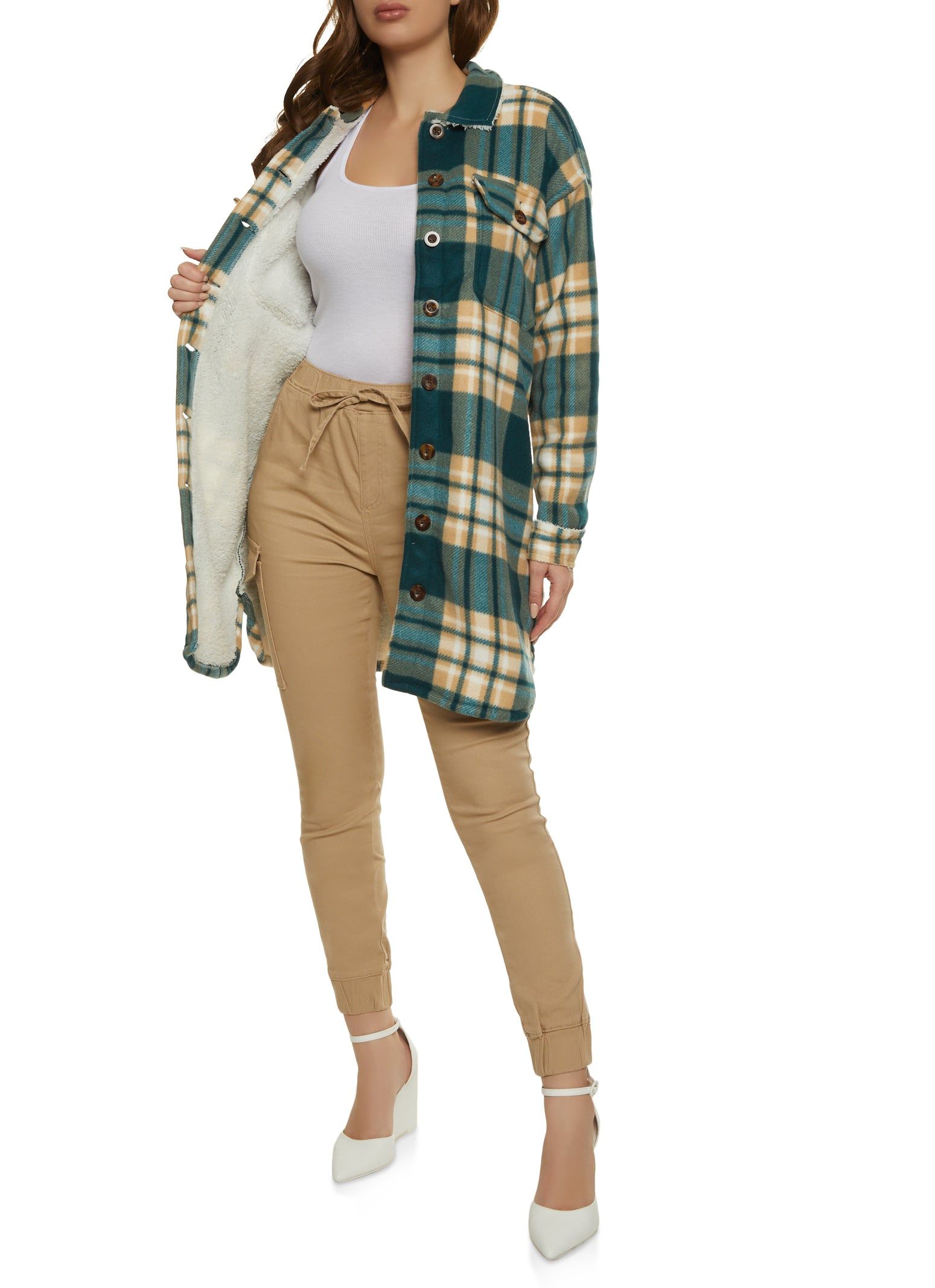 Plaid Brushed Knit Sherpa Lined Longline Shacket sold by Rainbow product image thumbnail 2
