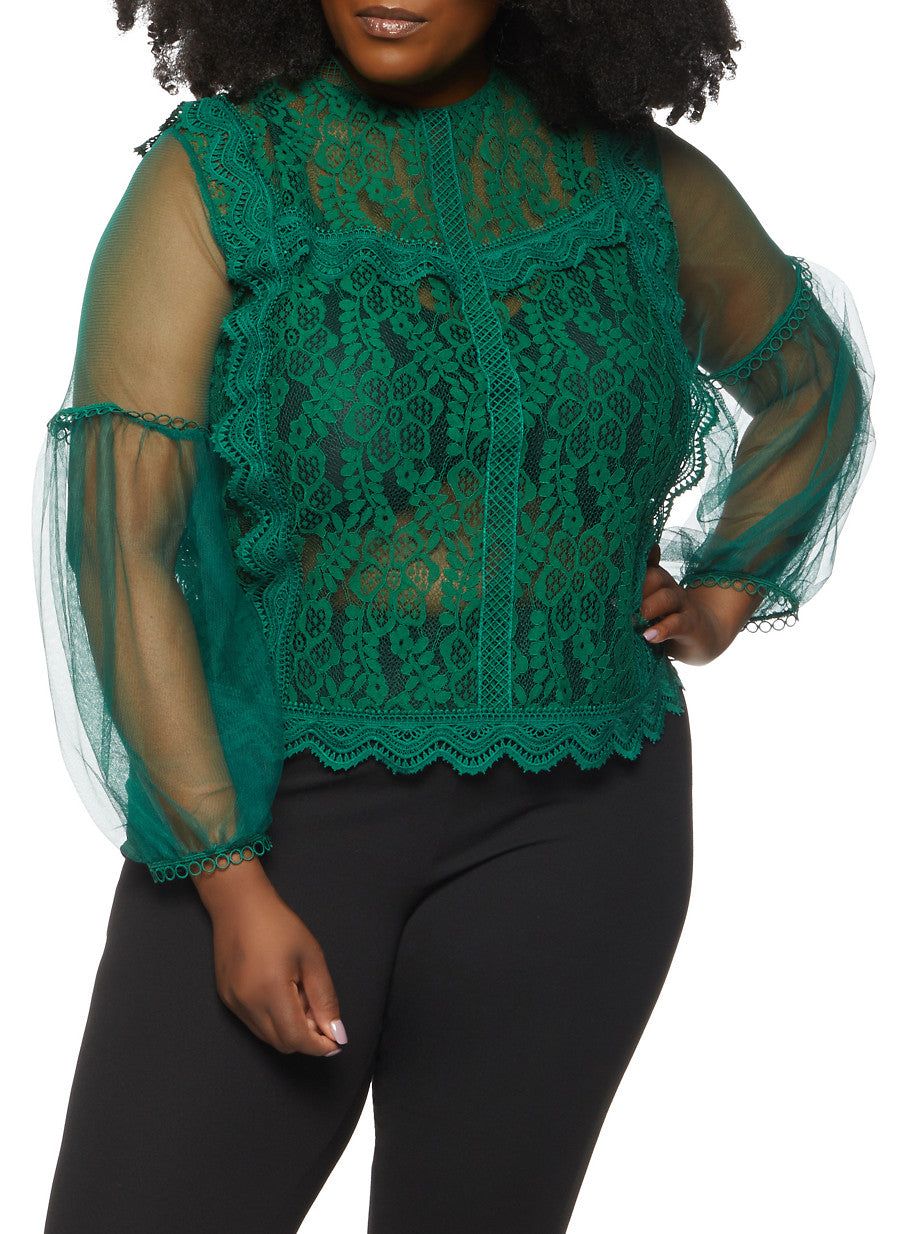 Plus Size Balloon Sleeve Lace Blouse sold by Rainbow