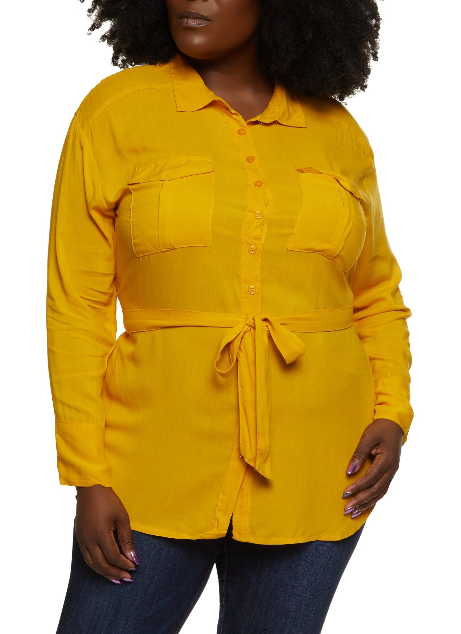 Plus Size Button Front Tie Waist Shirt sold by Rainbow