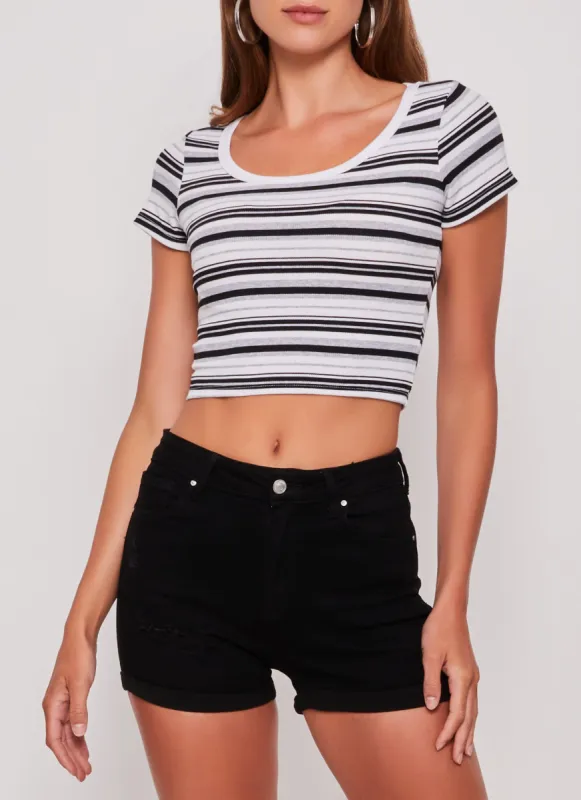 Rib Knit Striped Scoop Neck Crop Top sold by Rainbow