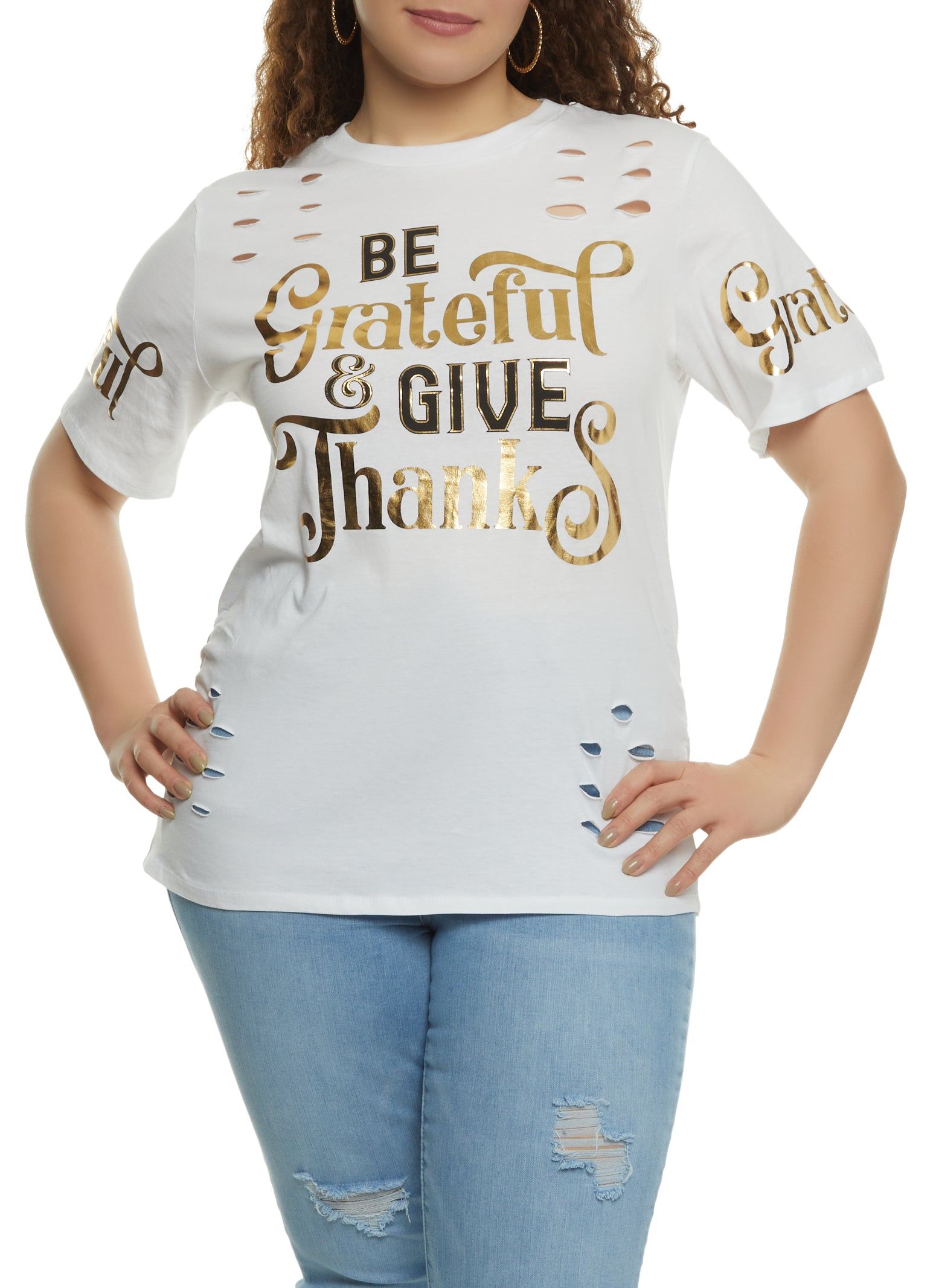 Plus Size Be Grateful And Give Thanks Foil Graphic Tee sold by Rainbow