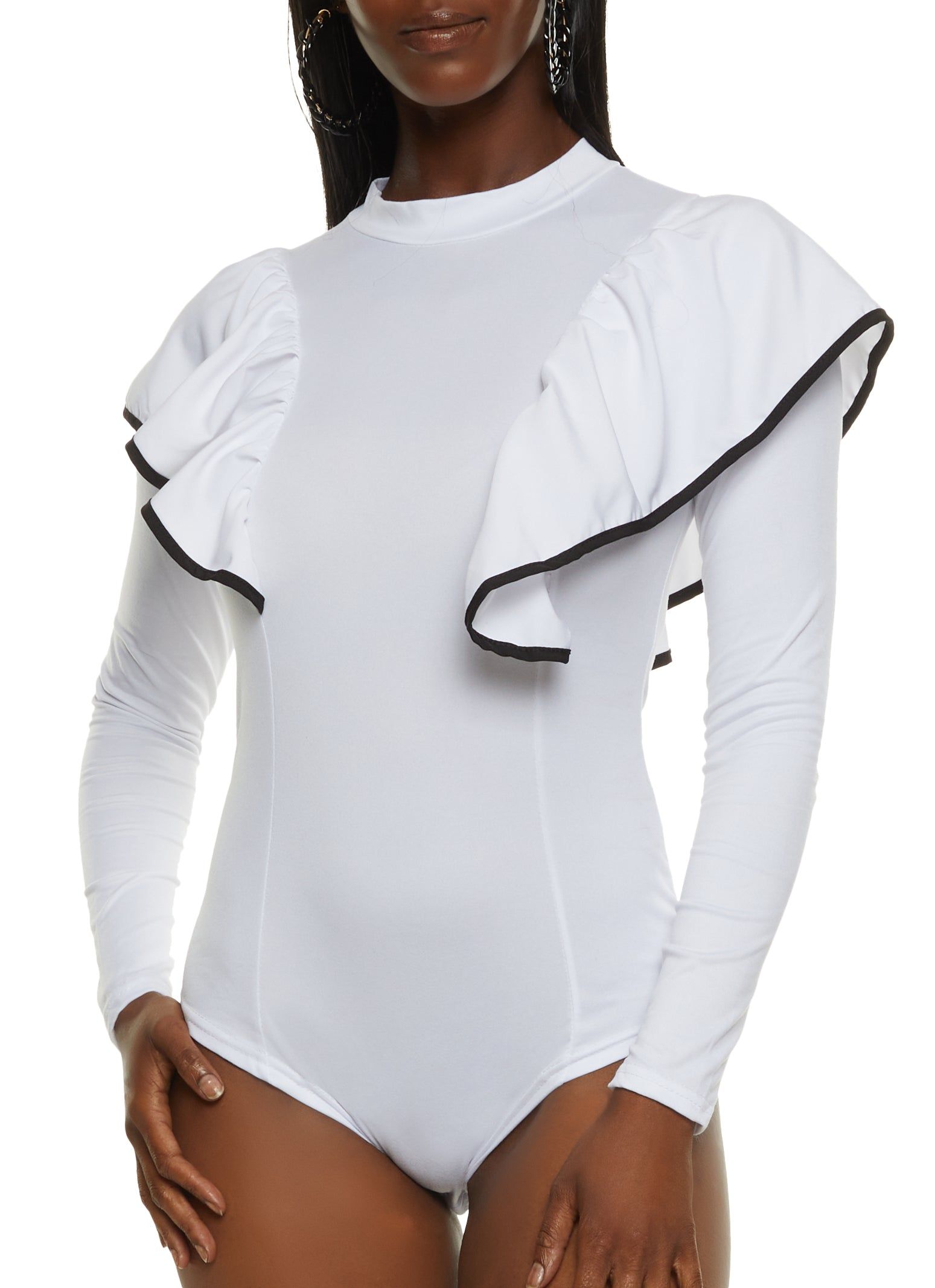 Contrast Trim Ruffle Shoulder Bodysuit sold by Rainbow