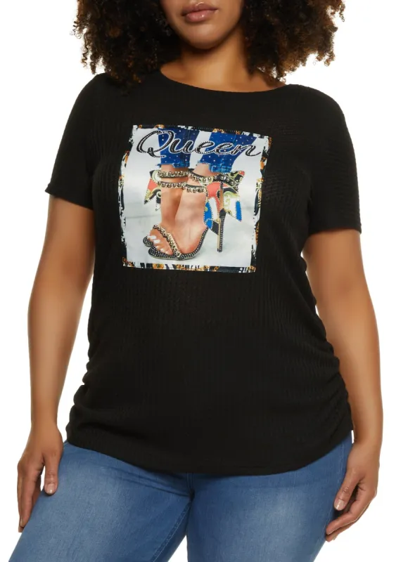 Plus Size Waffle Knit Rhinestone Studded Graphic Tee sold by Rainbow