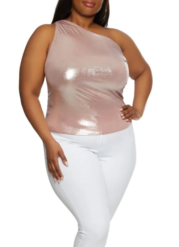Plus Size Metallic Foil Ruched One Shoulder Top made by Rainbow
