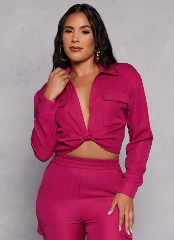 Crepe Knit Twist Front Pocket Detail Shirt sold by Rainbow