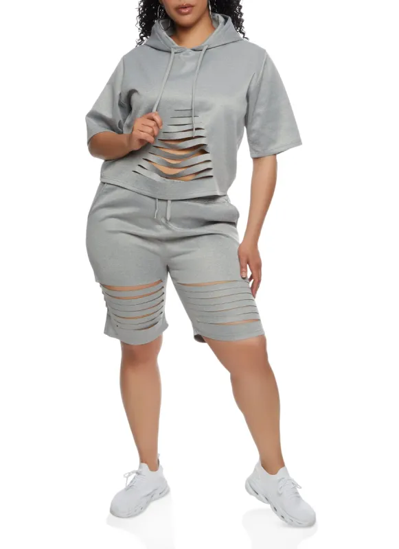 Plus Size Laser Cut Short Sleeve Hooded Top sold by Rainbow