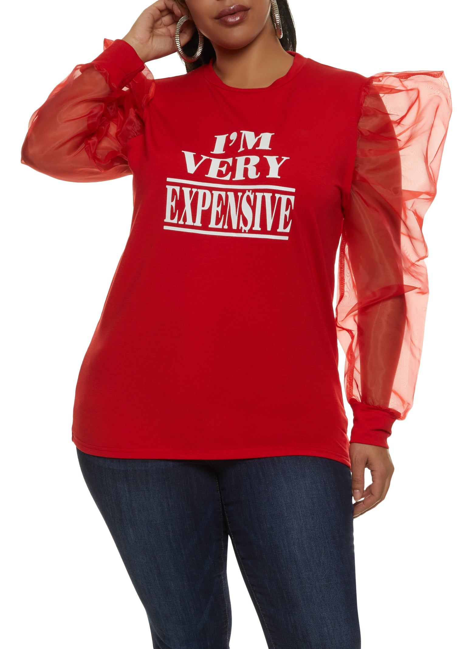 Plus Size Organza Puff Sleeve Graphic Top sold by Rainbow