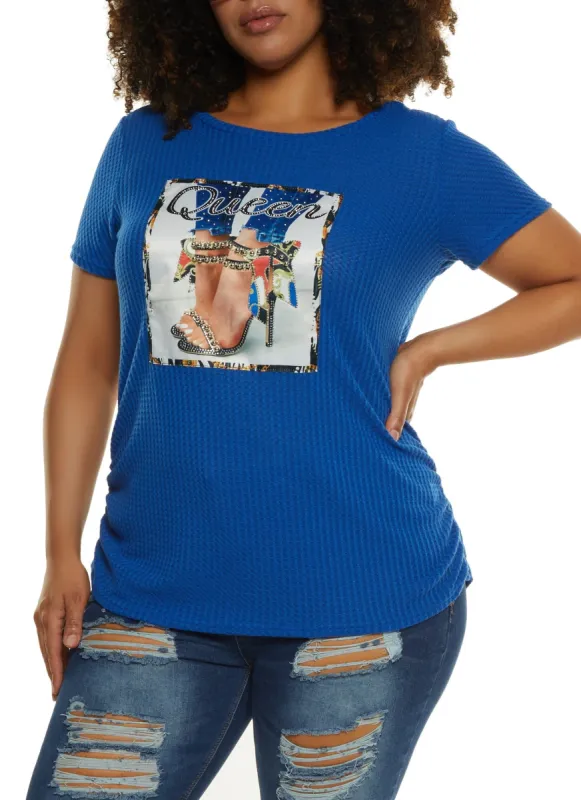 Plus Size Waffle Knit Rhinestone Studded Graphic Tee sold by Rainbow