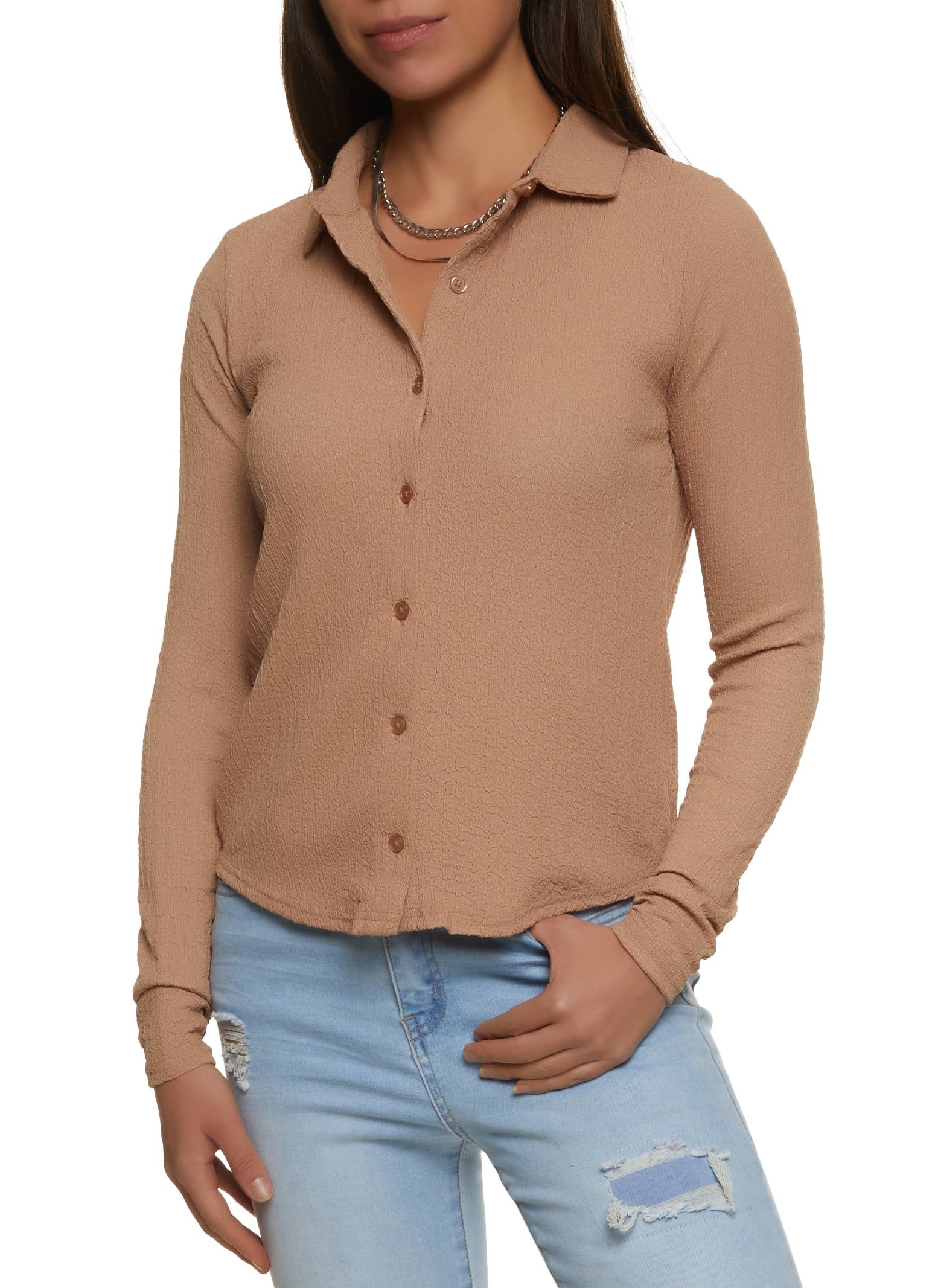 Crepe Knit Button Front Long Sleeve Shirt sold by Rainbow