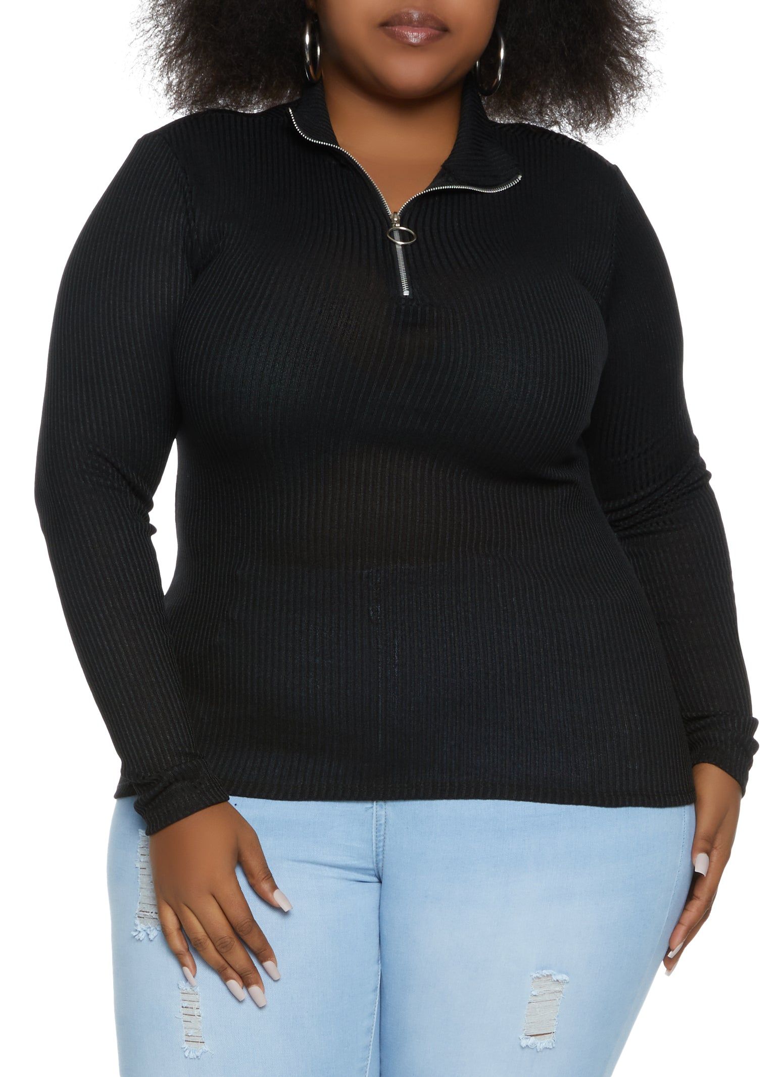 Plus Size Ribbed Knit Half Zip Top sold by Rainbow