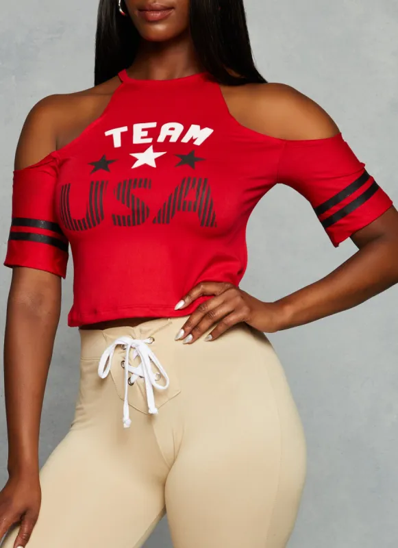 Team USA Cold Shoulder Crop Top sold by Rainbow