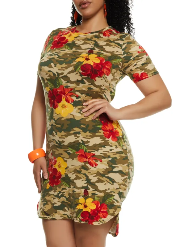 Plus Size Camo Floral Print T Shirt Dress sold by Rainbow