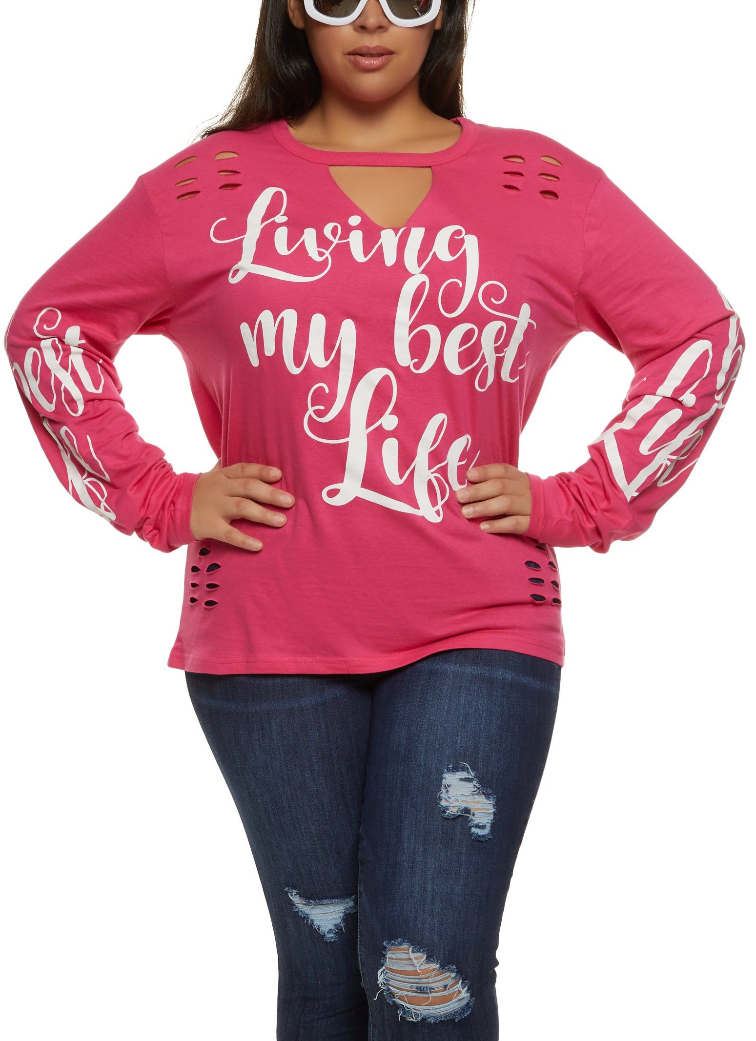 Plus Size Keyhole Living My Best Life Graphic Tee sold by Rainbow