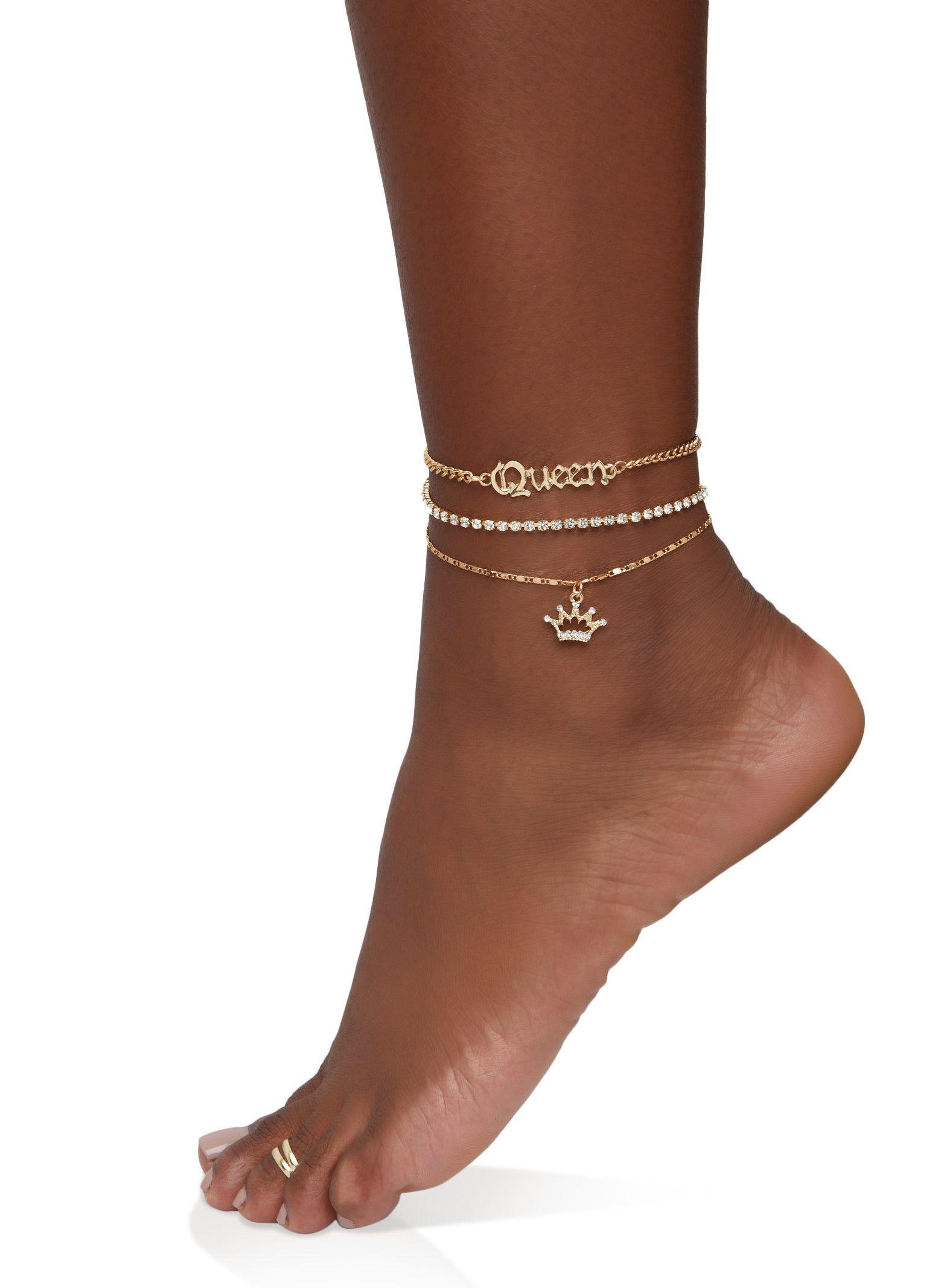 Rhinestone Queen Chain Anklet Trio with Toe Ring sold by Rainbow