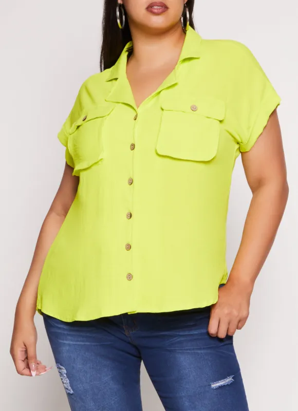 Plus Size Airy Flap Pocket Shirt sold by Rainbow