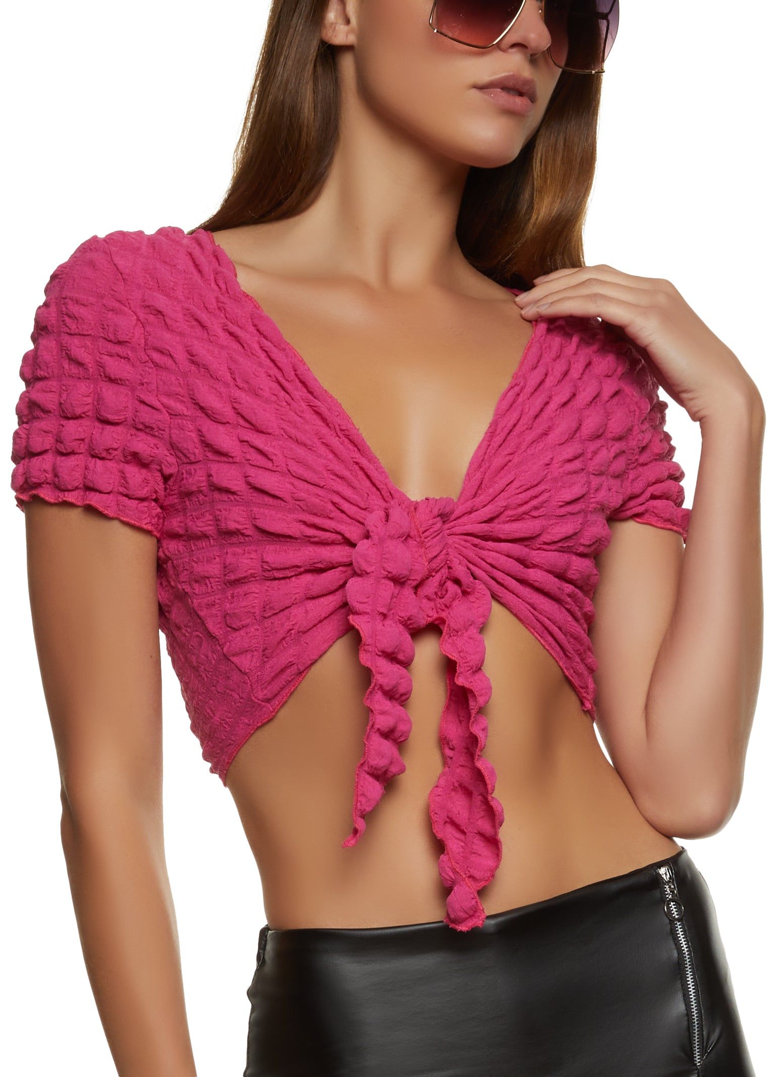 Bubble Knit Tie Front Crop Top sold by Rainbow