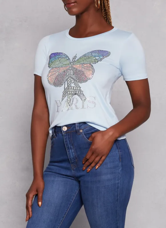 Paris Butterfly Rhinestone Graphic Tee sold by Rainbow