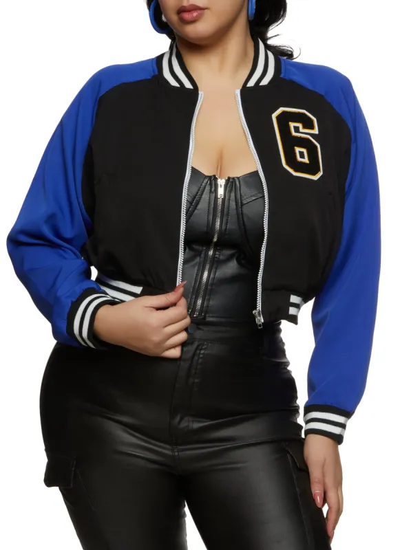 Plus Size Color Block Graphic Patch Cropped Varsity Jacket sold by Rainbow
