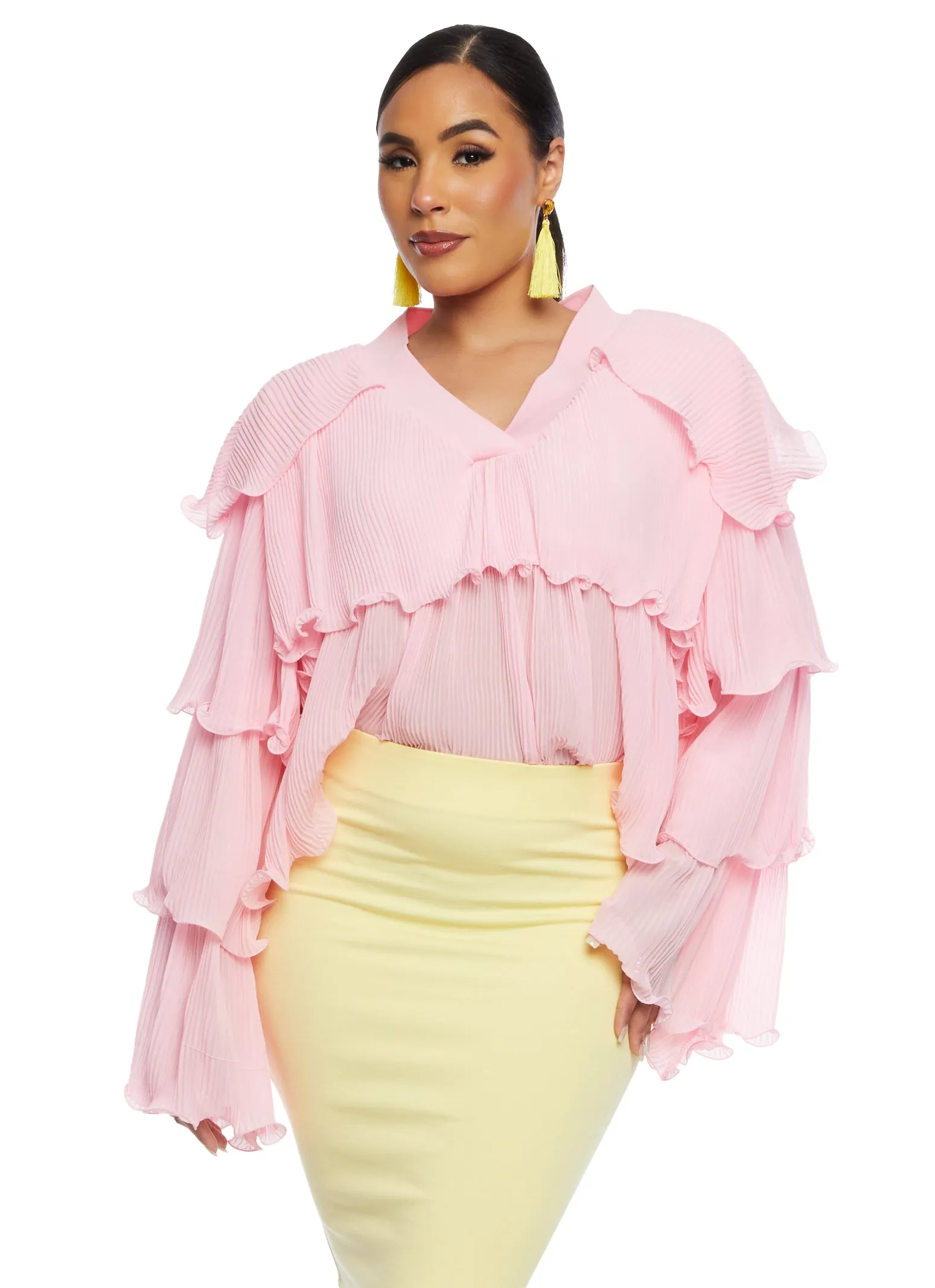 Plisse Ruffled Tiered Long Sleeve Blouse sold by Rainbow